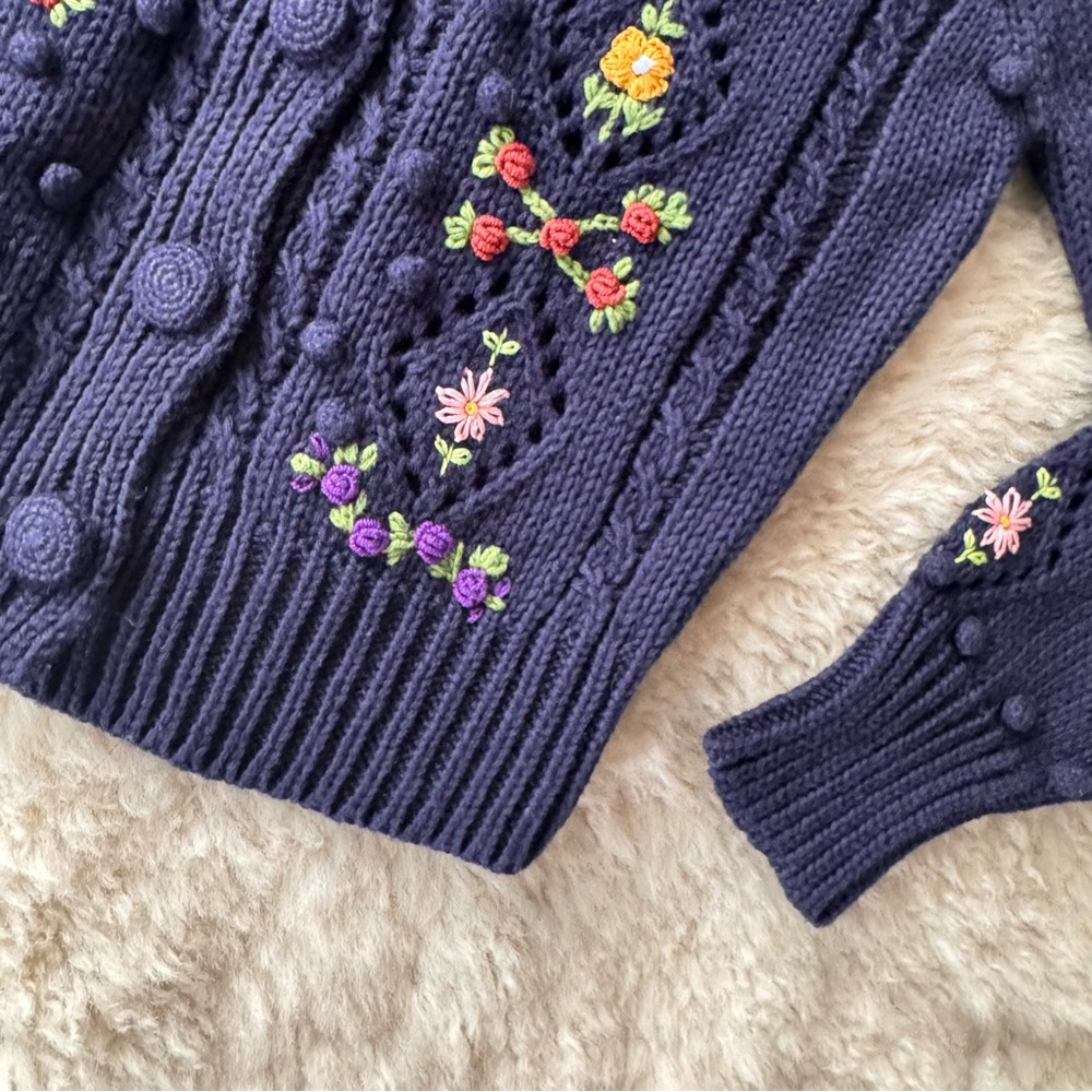 ✨💙DÔEN ‘Forget Me Not’ Embroidered Cable Knit Cardigan Sweater Navy XS - Picture 8 of 14